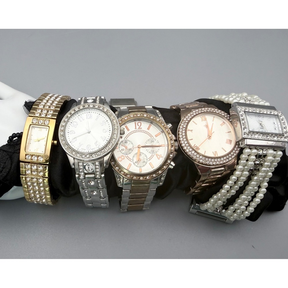 5pc Women's Rhinestone Fashion Watch Lot dF Vivani Pearl Gold Silver